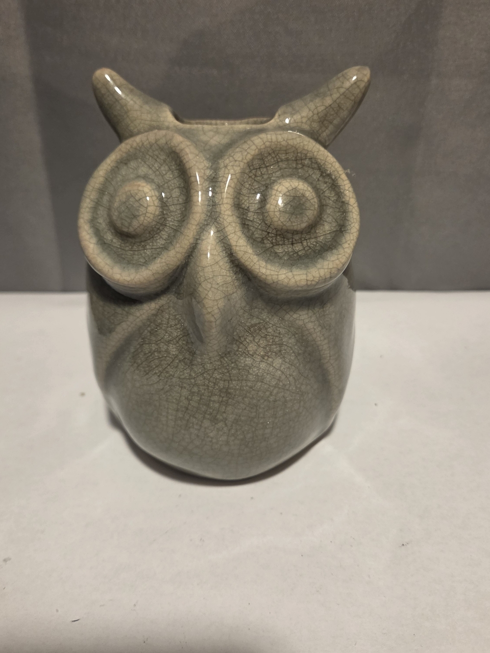 Crackle Glaze Ceramic Owl Sculpture in Light Gray